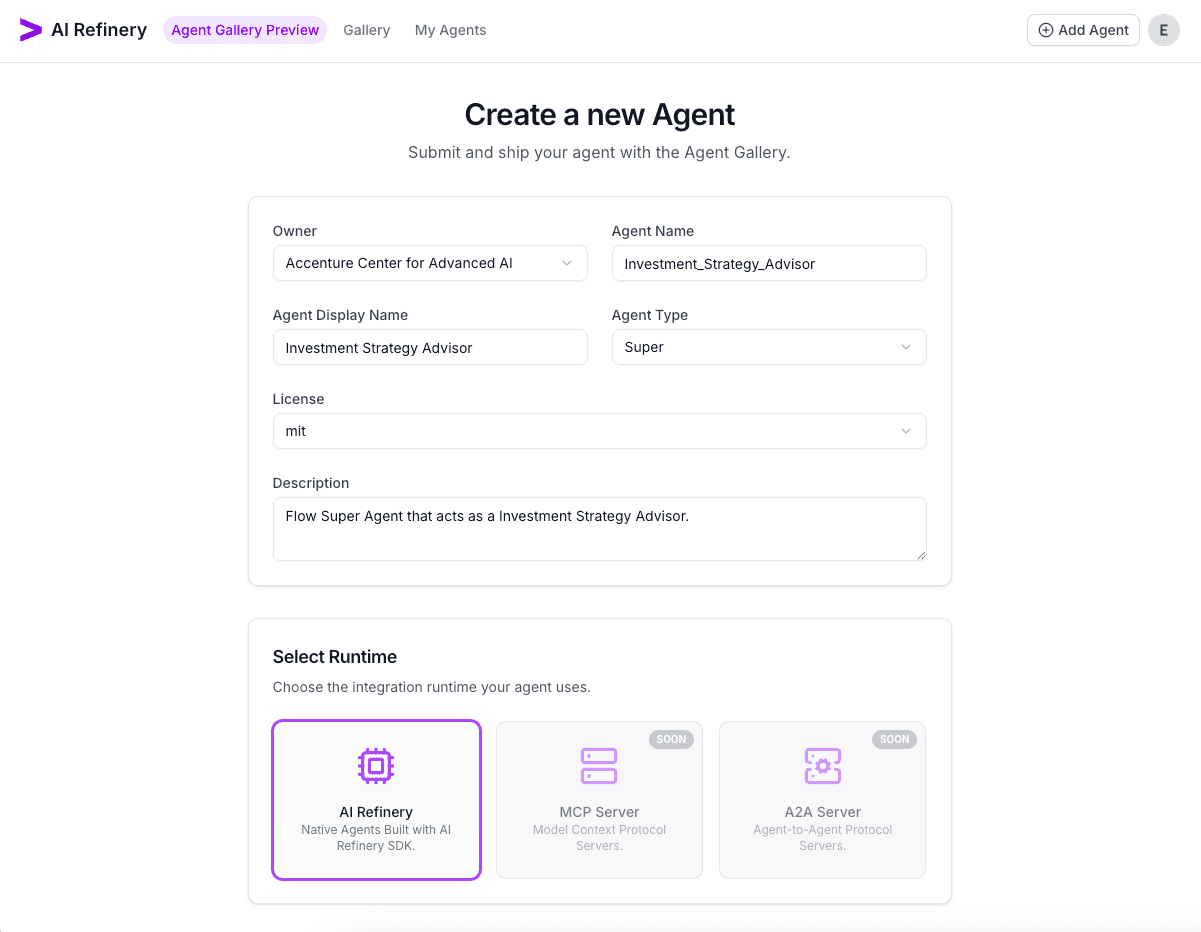 Create Agent form with general details and AI Refinery runtime selected