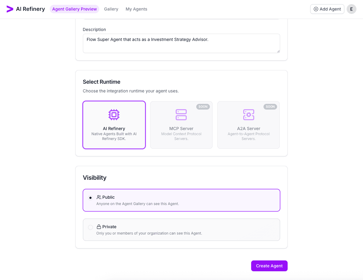 Runtime selection and public visibility highlighted before creating the agent