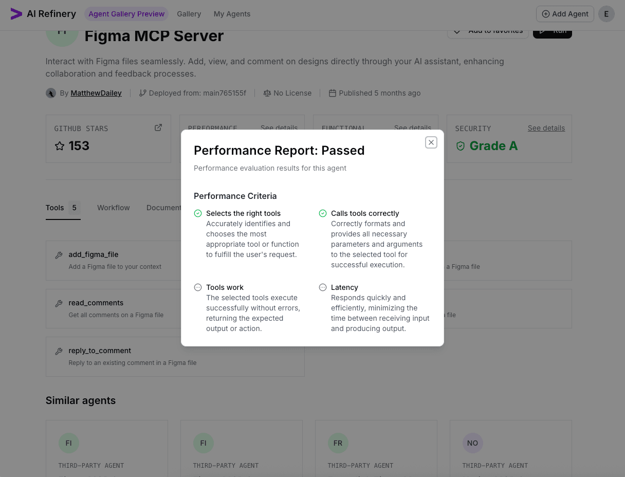 Performance certification interface highlighting latency and correctness metrics.