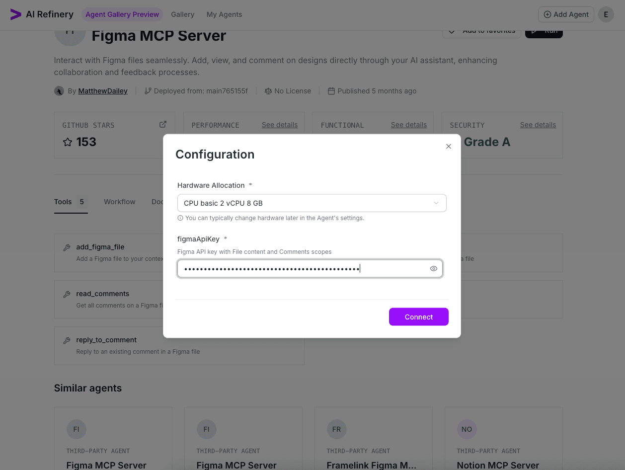 Run Agent dialog with environment options and the Connect button highlighted