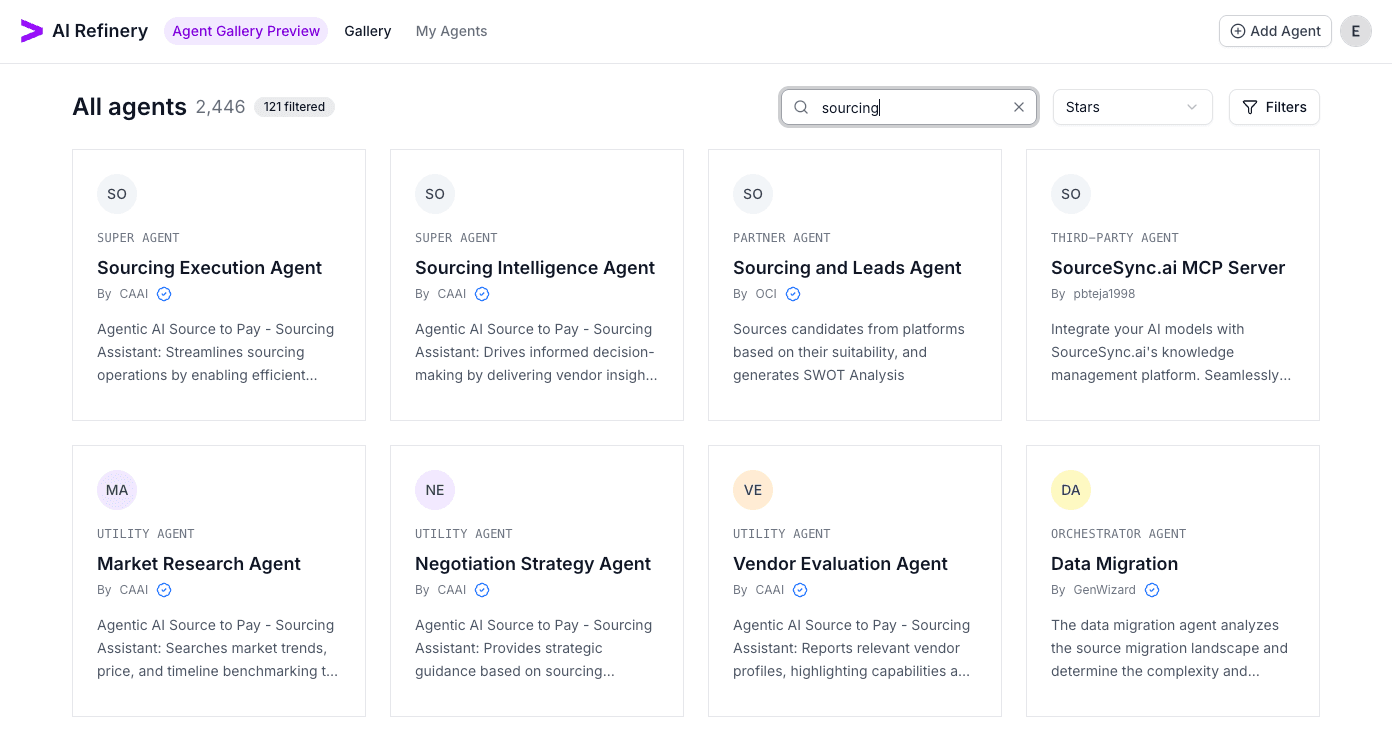 Gallery search results filtered for the "sourcing" keyword with matching agent cards.
