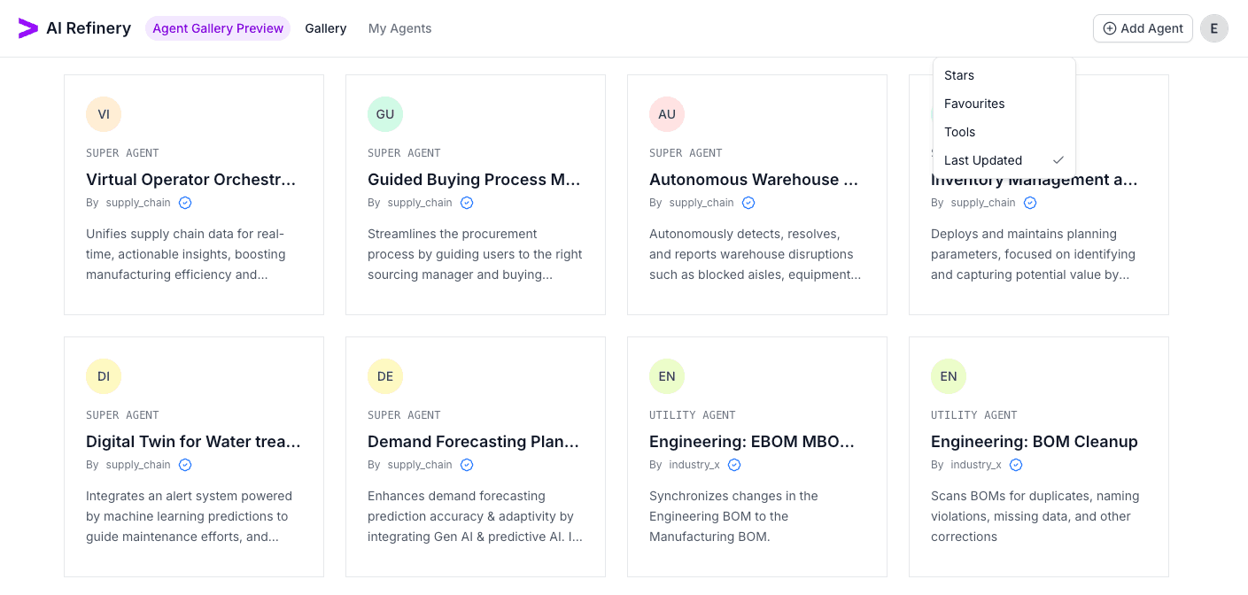 Sort menu expanded with the Last Updated option selected to reorder agent cards.