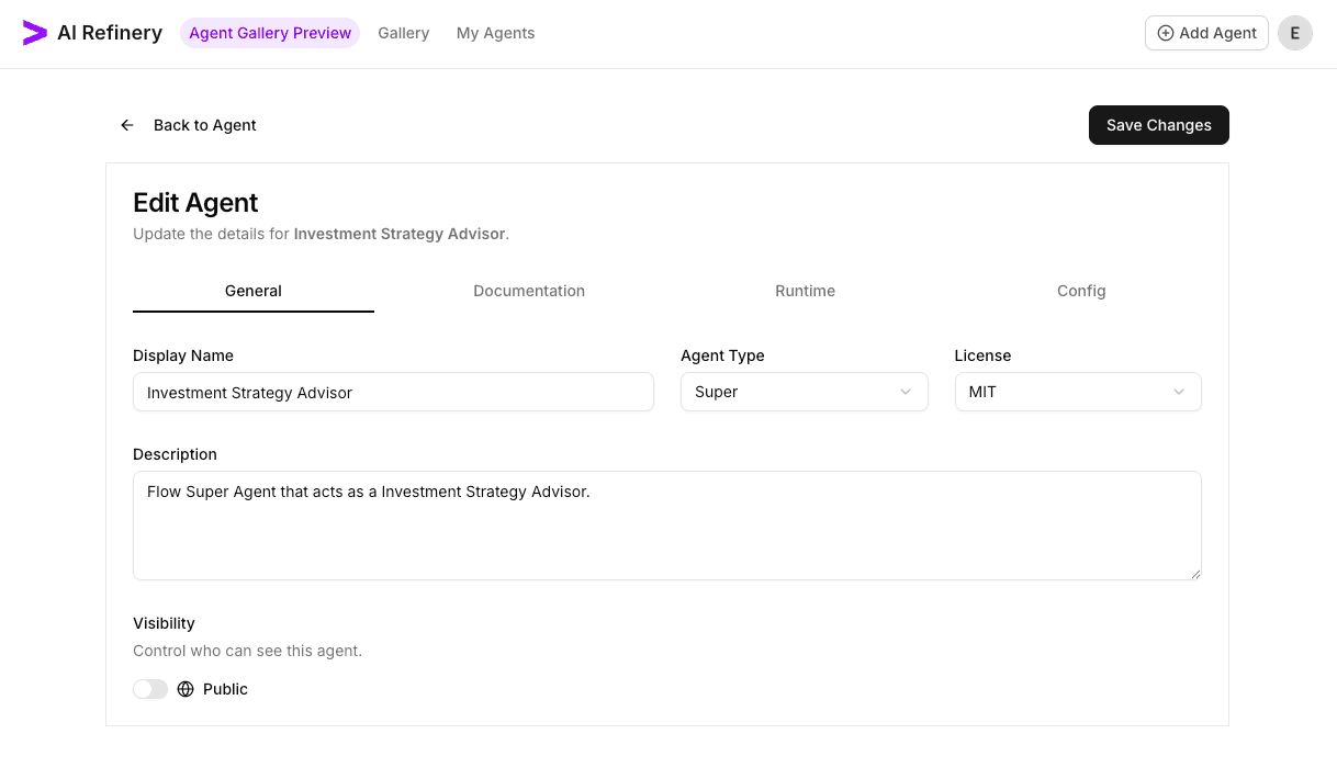 Edit Agent modal focused on the General tab