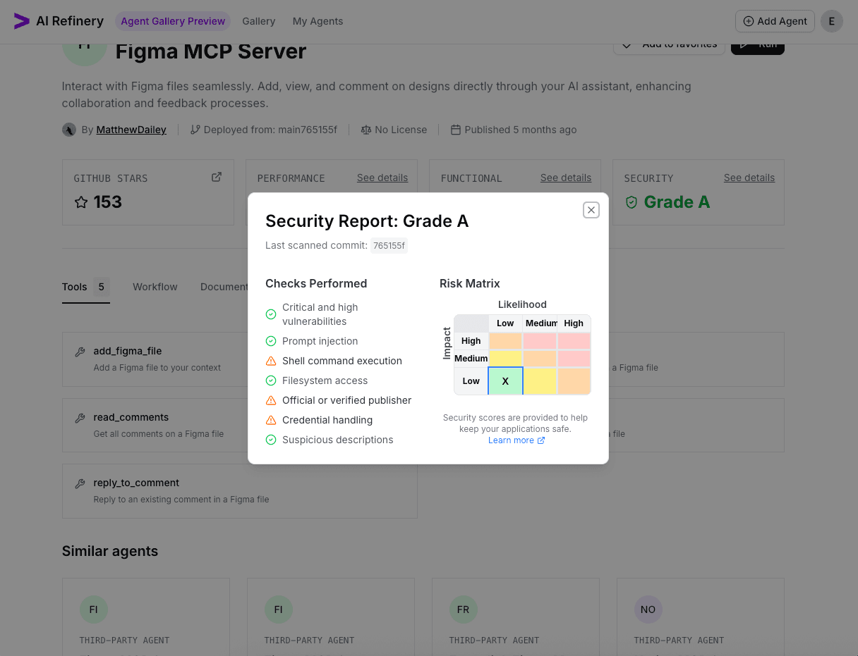 Security certification risk matrix with graded findings.