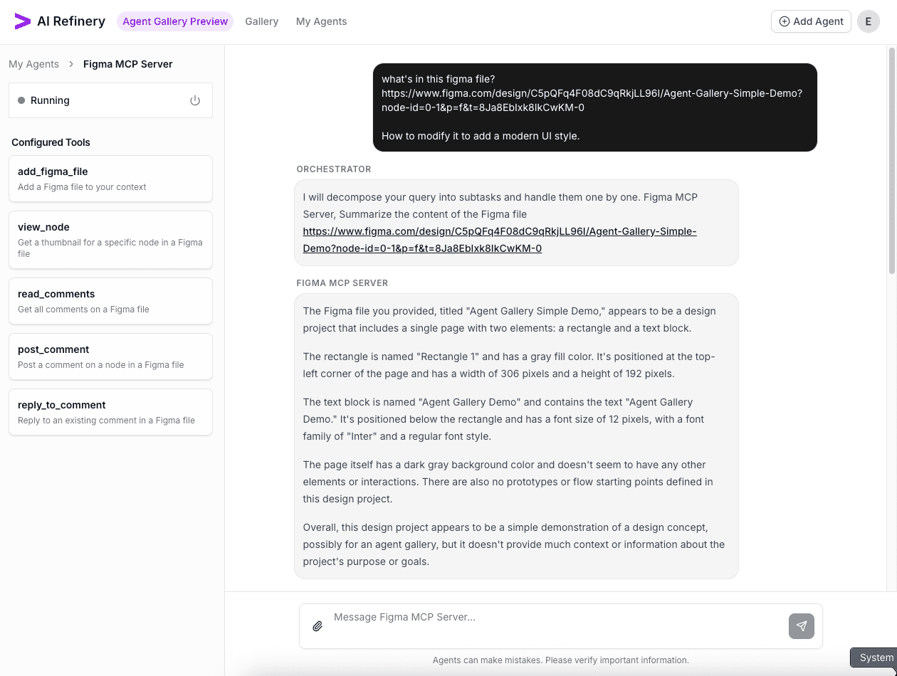 Chat interface displaying a test conversation with the running agent