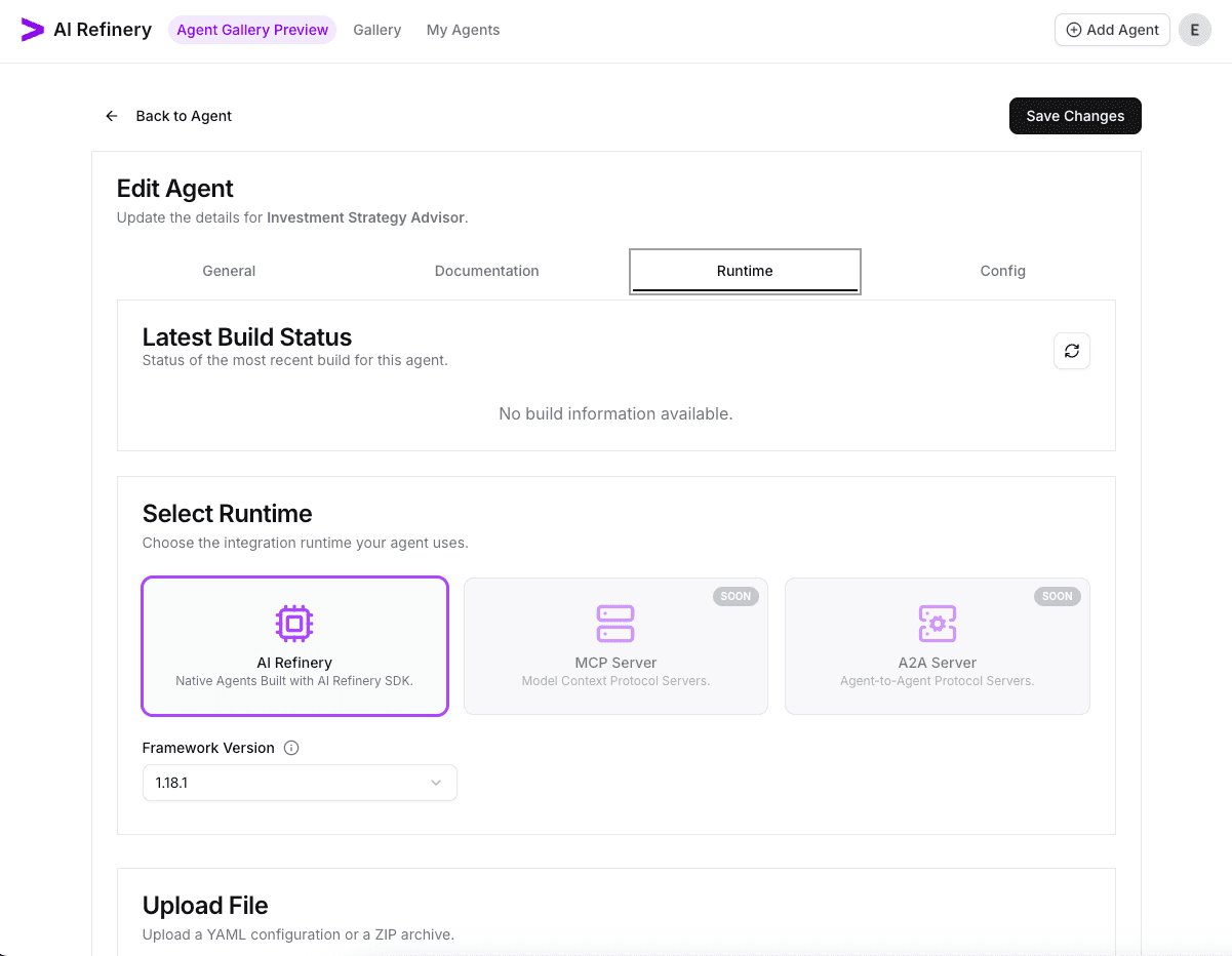 Runtime tab ready for a new upload