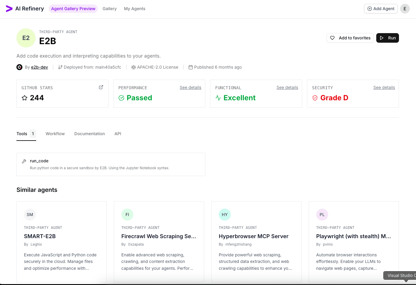 Agent detail page for E2B with summary metrics and the similar agents carousel.