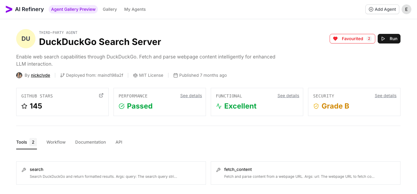 Agent detail page with the Favourited badge active on the DuckDuckGo Search Server.