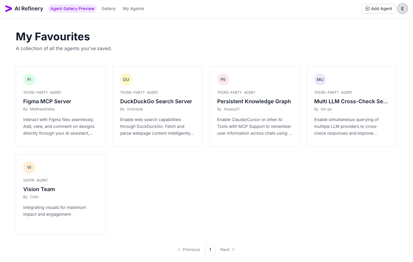 My Favourites page showing a grid of saved agents with pagination controls.