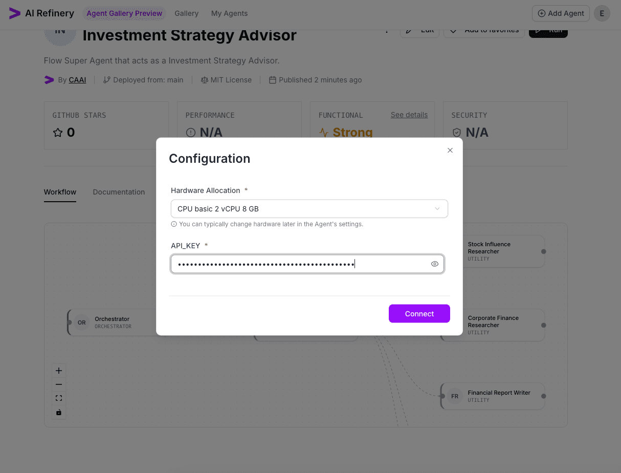 Run dialog requesting hardware allocation and API key