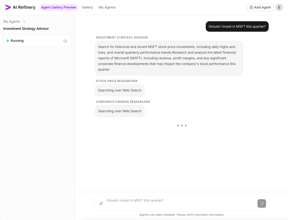 Agent run history showing the initial query