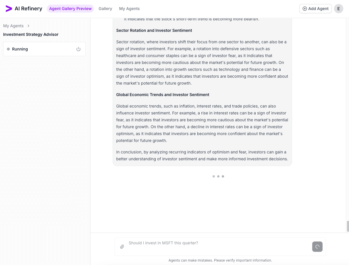 Agent response cards explaining research steps