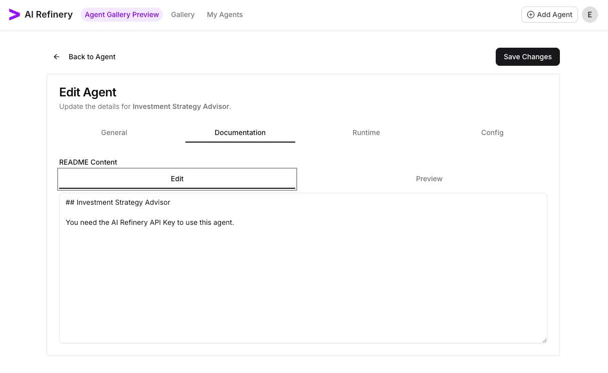 Documentation tab with editable README content