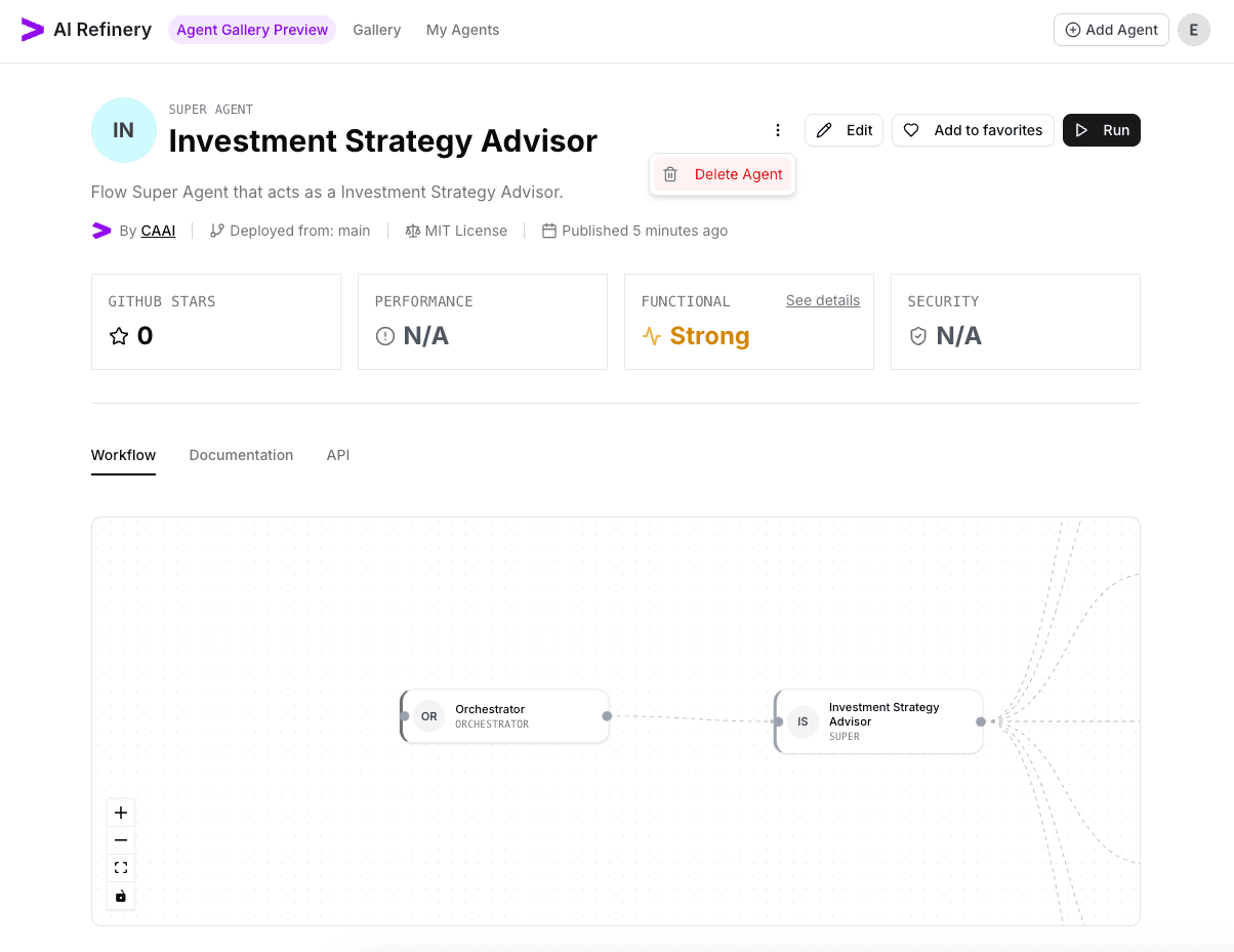 Agent overview with the Delete Agent option highlighted
