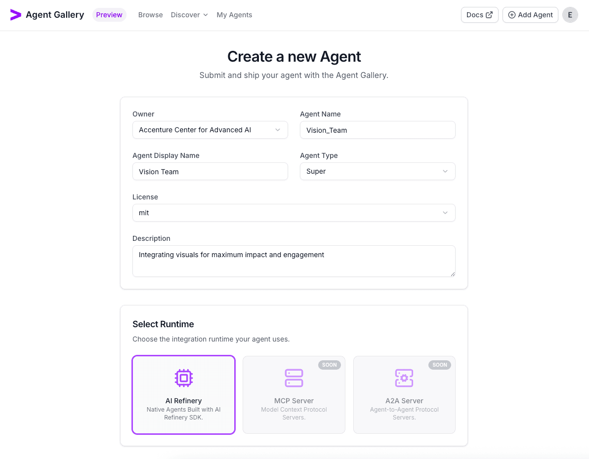 Add Agent dialog configured for a Vision Team