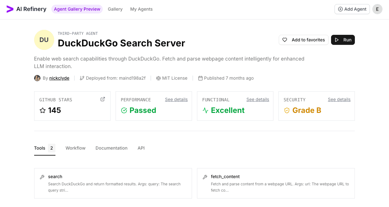 DuckDuckGo Search Server detail page with the Run button highlighted