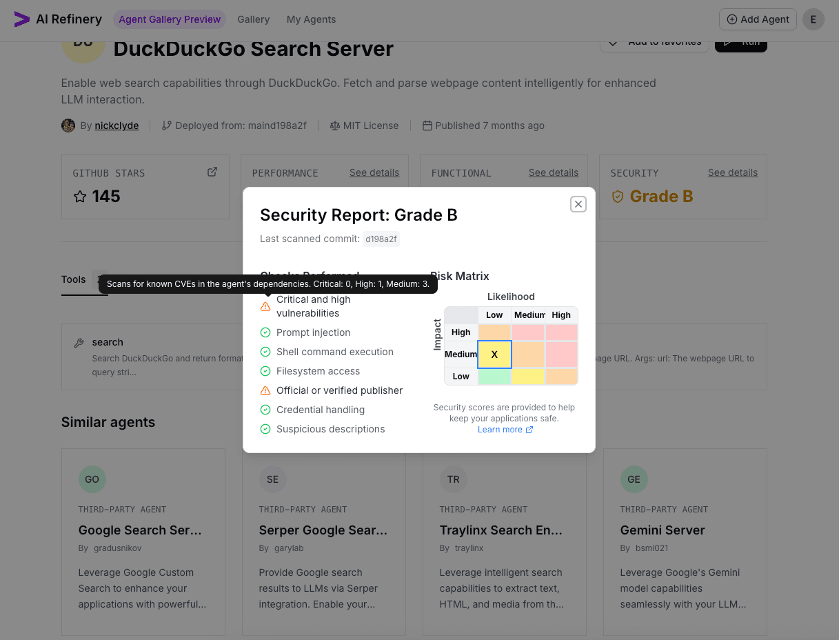 Security certification risk matrix with graded findings.