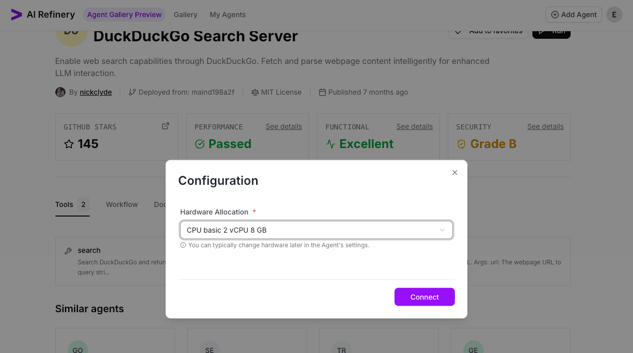 Run Agent dialog showing default configuration and the Connect control