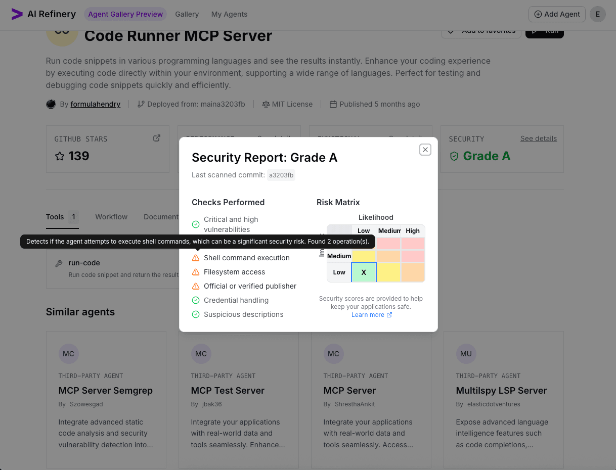 Security certification risk matrix with graded findings.