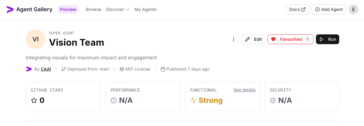 Vision Team agent created with the workflow canvas visible