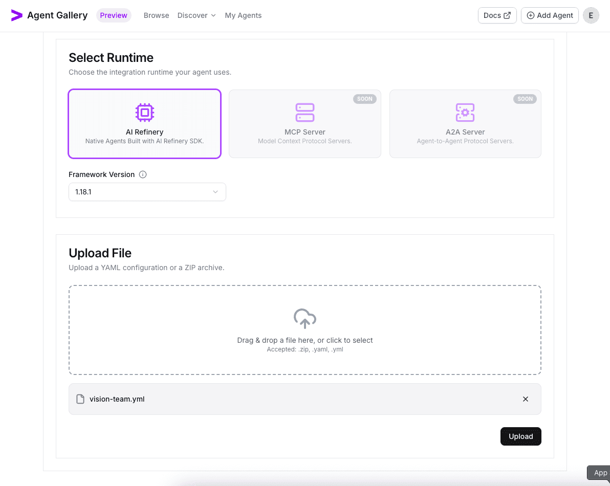Runtime tab with the vision_team.yaml staged for upload
