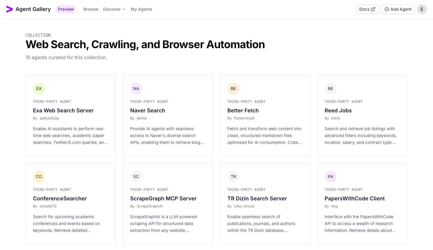 Search panel filtering agents inside the Web Search collection.