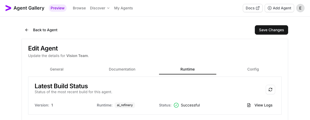 Runtime tab showing a successful build for the Vision Team flow