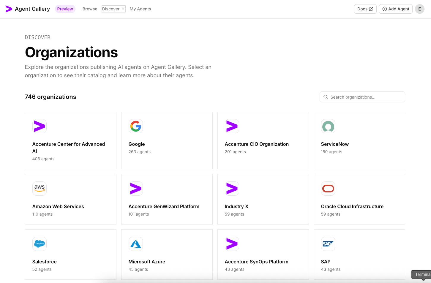 Discover menu expanded with the Organizations option highlighted.