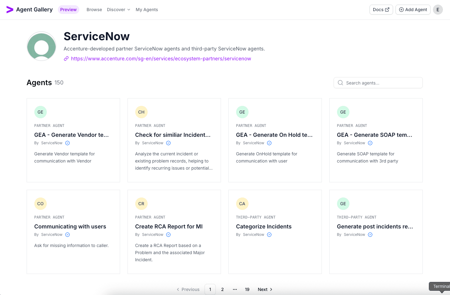 ServiceNow organization profile with its published agents and contact information visible.