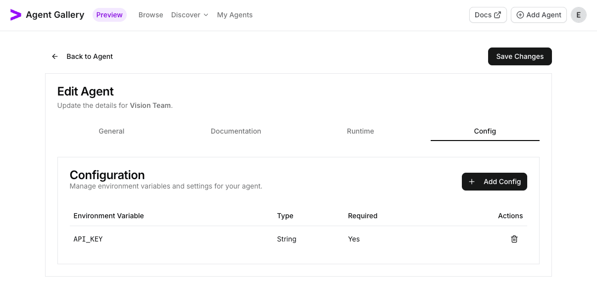 Configuration table listing the Vision Team variables