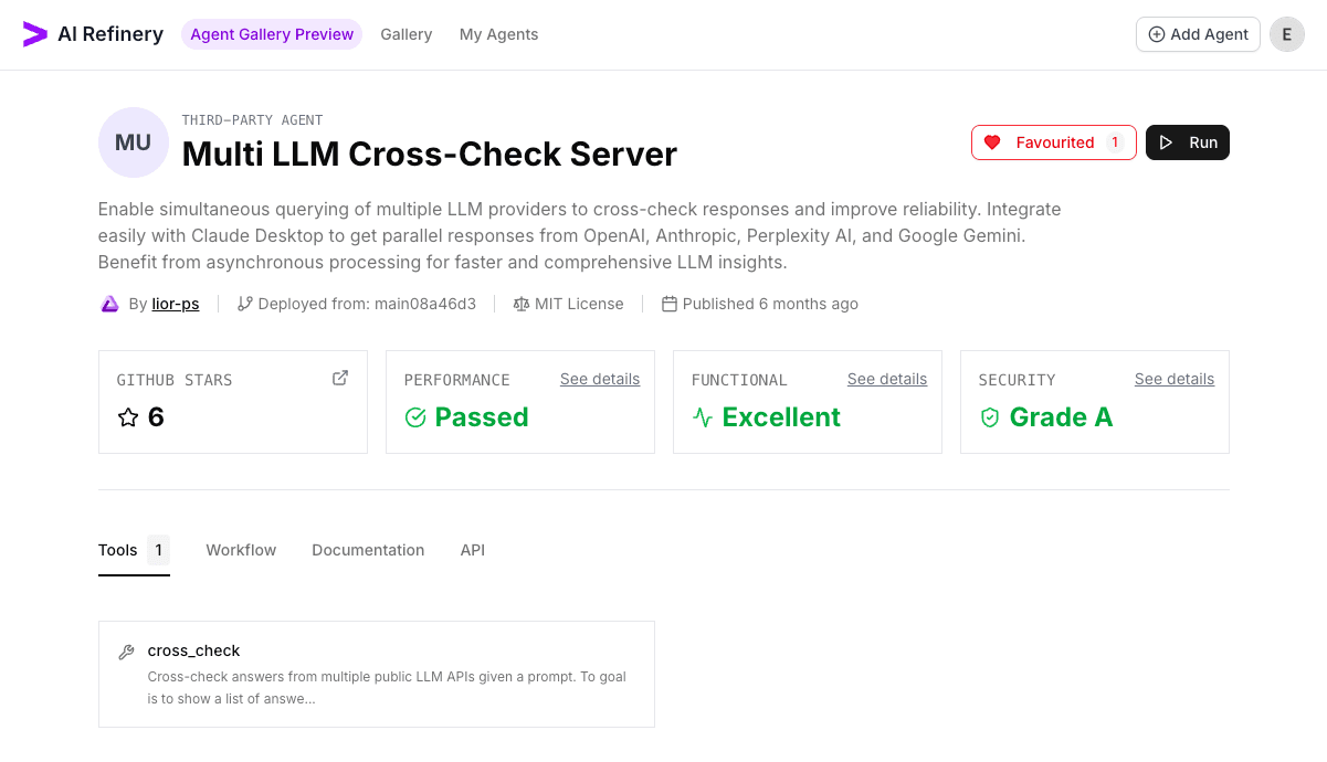 Multi LLM Cross-Check Server detail page with the Run button highlighted