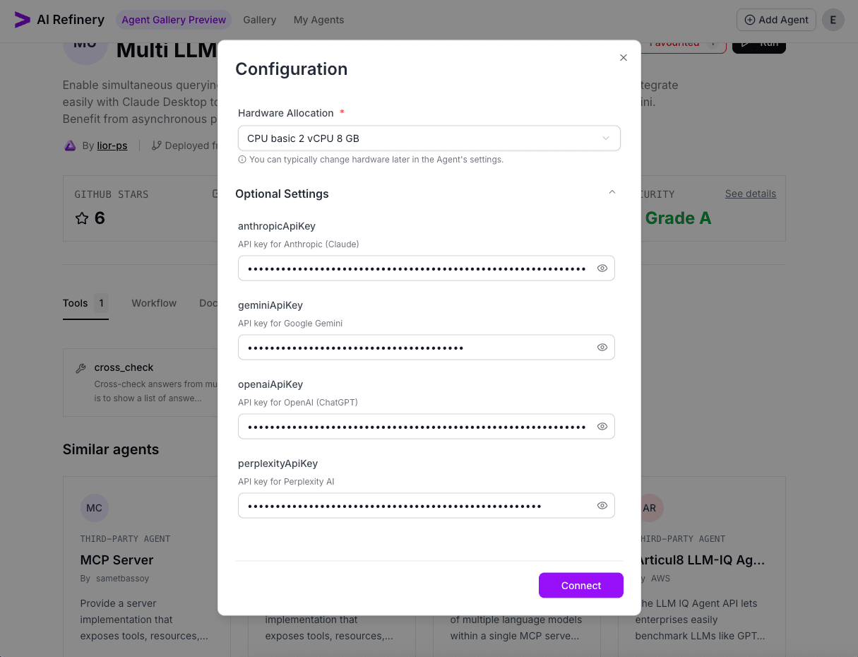 Run Agent dialog showing API key fields for multiple models