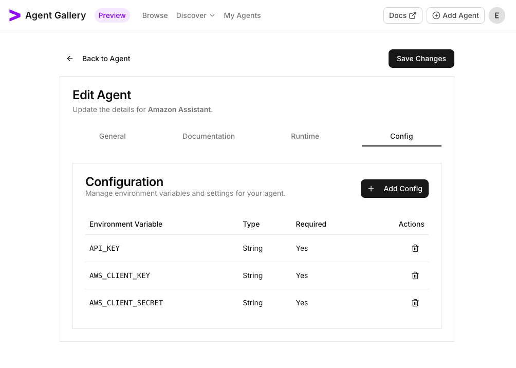 Configuration dialog listing Amazon Bedrock variables