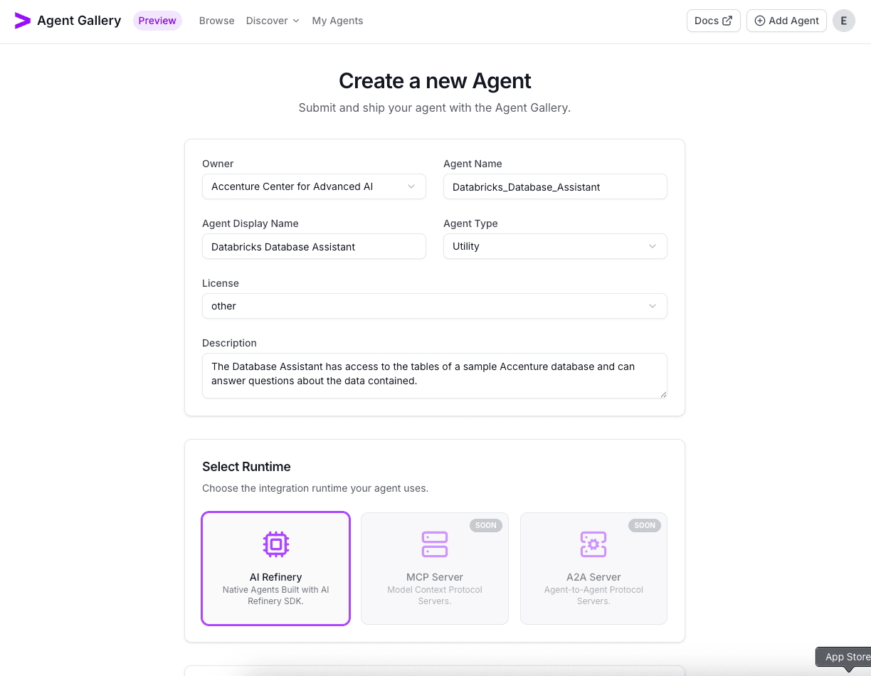 Create Databricks agent form completed
