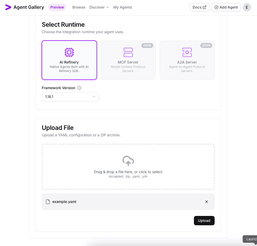 Runtime tab with example.yaml uploaded for the Databricks agent
