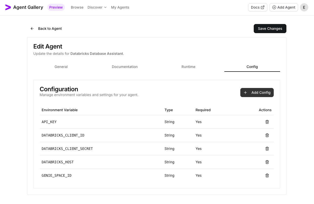 Configuration dialog listing Databricks variables