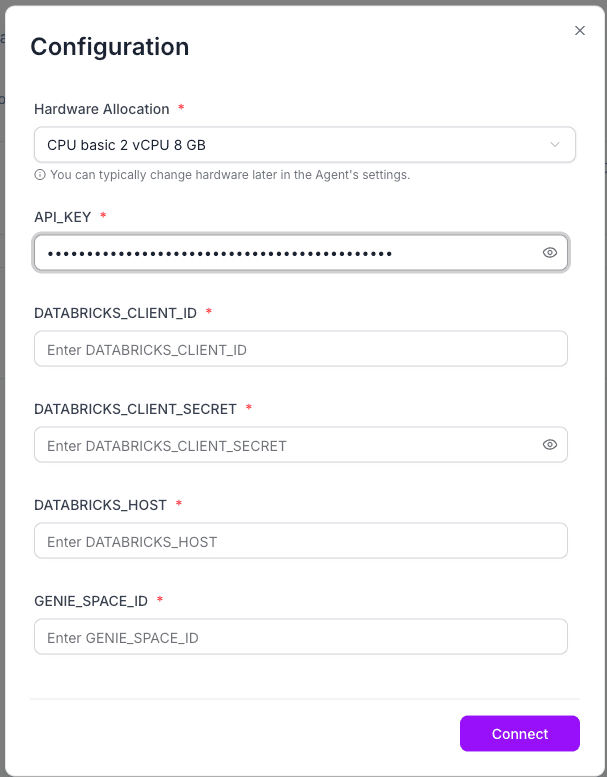 Run dialog for the Databricks agent