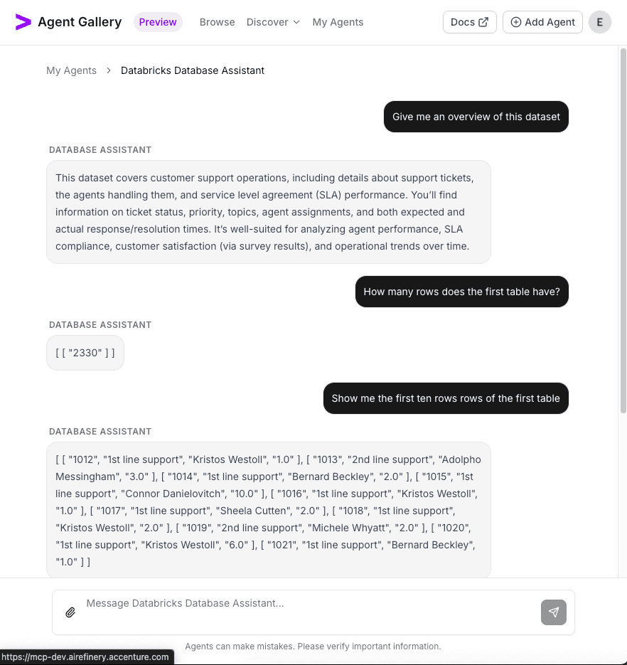 Chat transcript showing successful Databricks queries