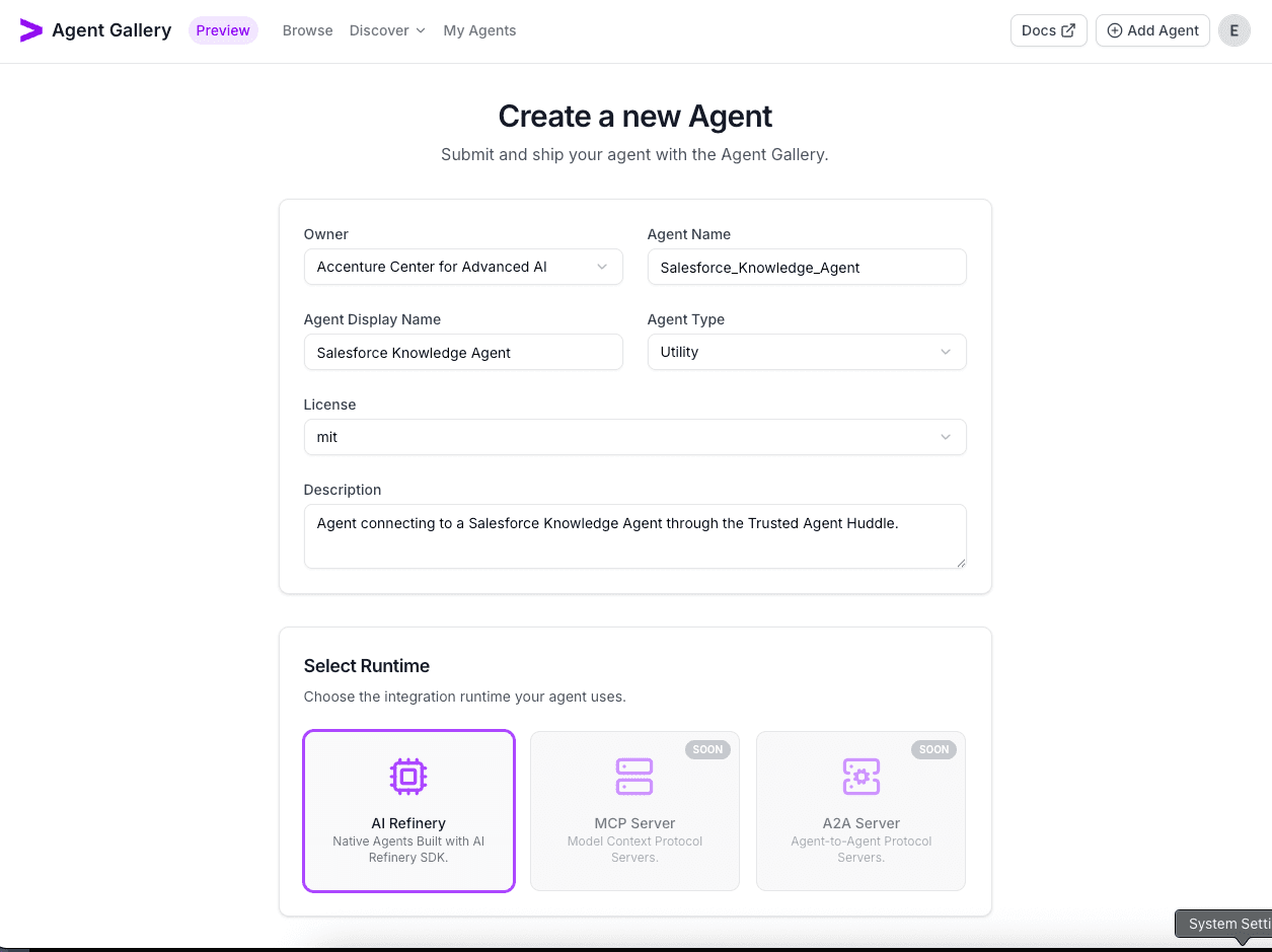 Create Salesforce agent form completed