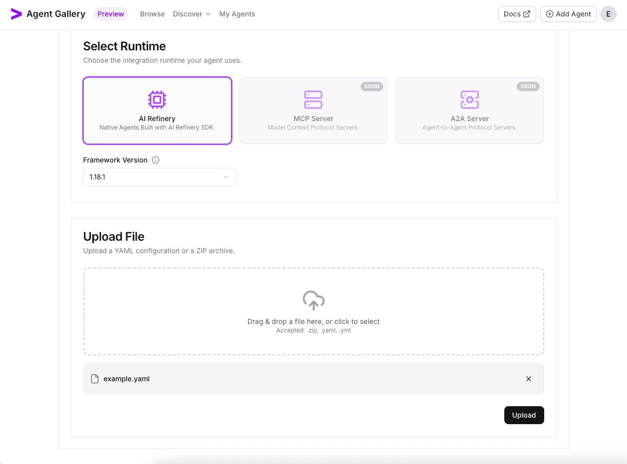 Runtime tab with salesforce-example.yaml uploaded for the Salesforce agent