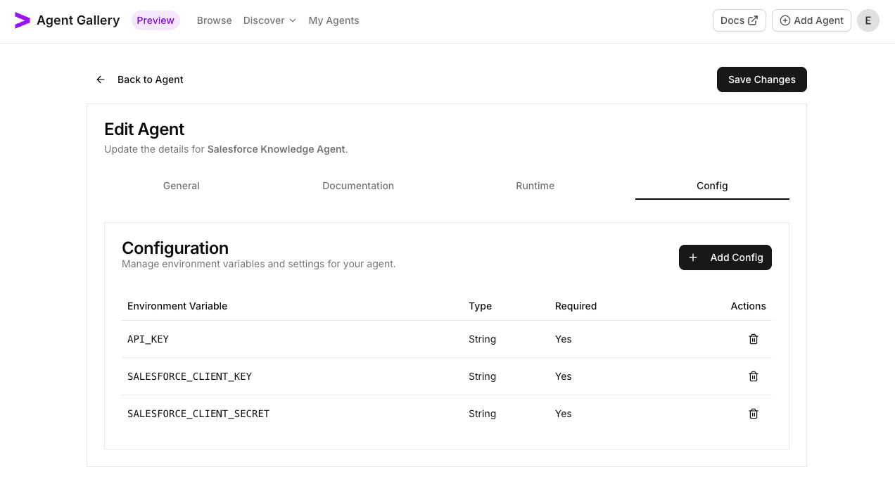 Configuration dialog listing Salesforce variables