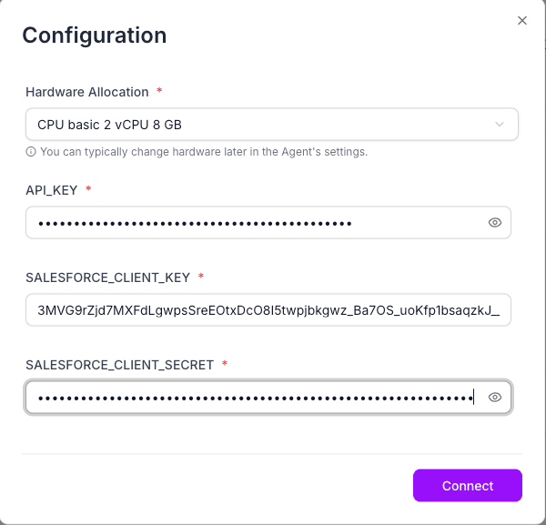 Run dialog for the Salesforce agent