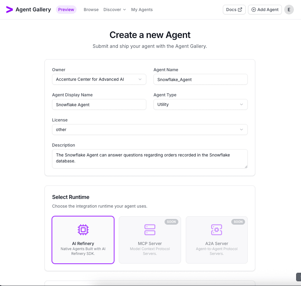 Create Snowflake agent form completed