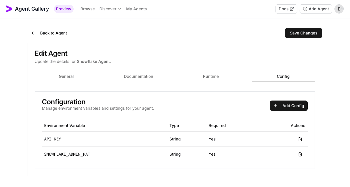 Configuration dialog listing Snowflake variables