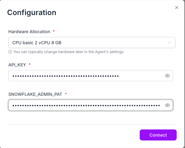 Run dialog for the Snowflake agent