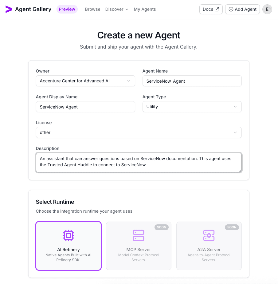 Create ServiceNow agent form completed