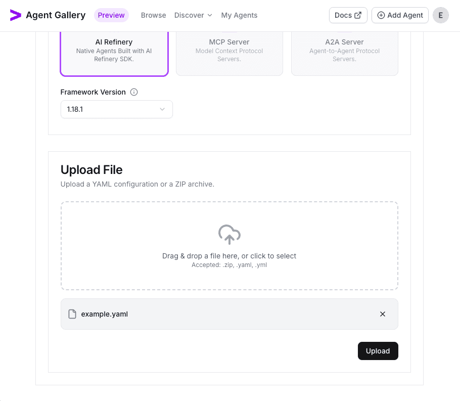 Runtime tab with example.yaml uploaded for the ServiceNow agent