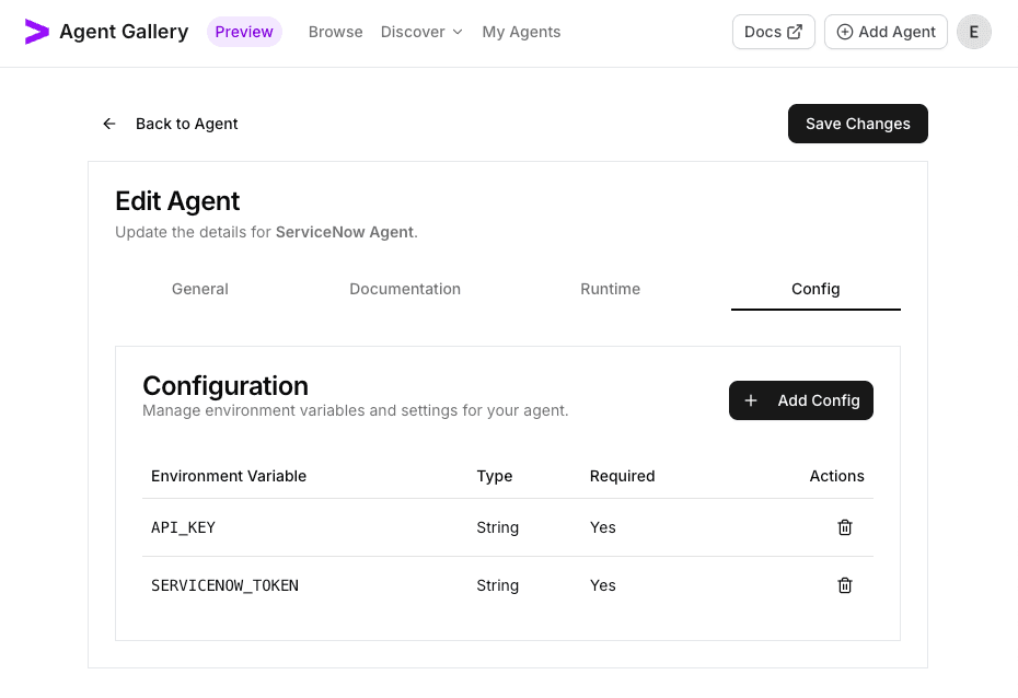 Configuration dialog listing ServiceNow variables