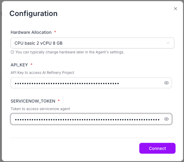 Run dialog for the ServiceNow agent