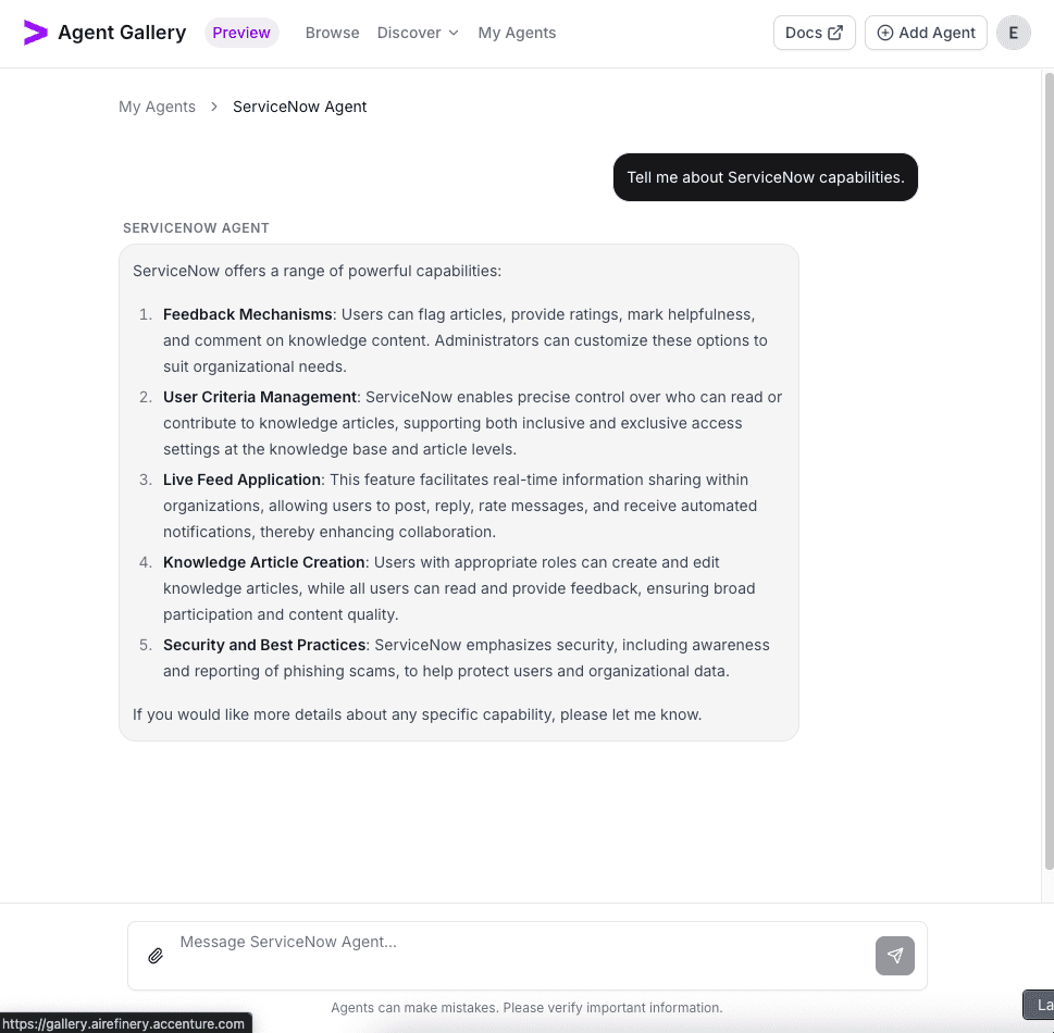 Chat transcript showing successful ServiceNow responses